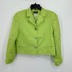 Vintage Parisian Signature Linen Blazer Jacket 12 Petite Green Cropped 80's 90's